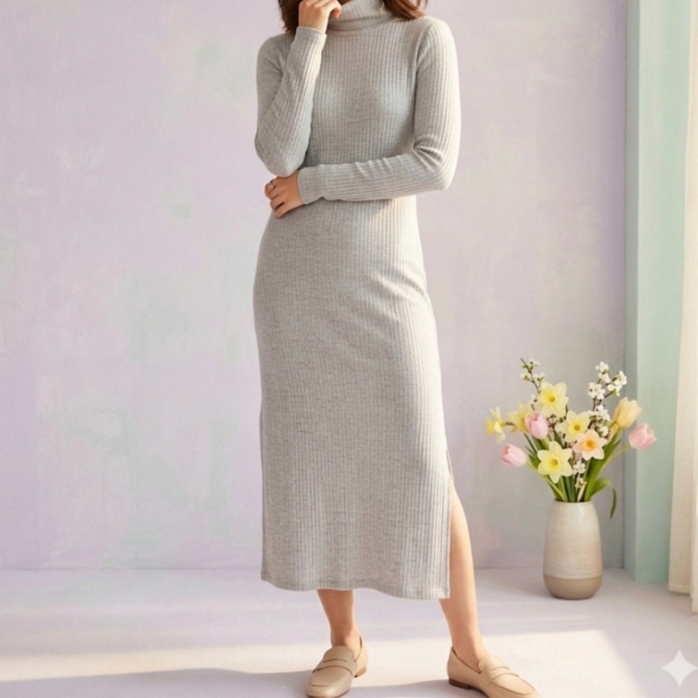 Daily Practice Gray Rib Knit Long Sleeve Mock Neck Dress Size X Large